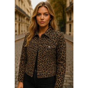 Nine West Leopard Jean Jacket Button Up S Denim Luxe Parisian Scandi Streetwear